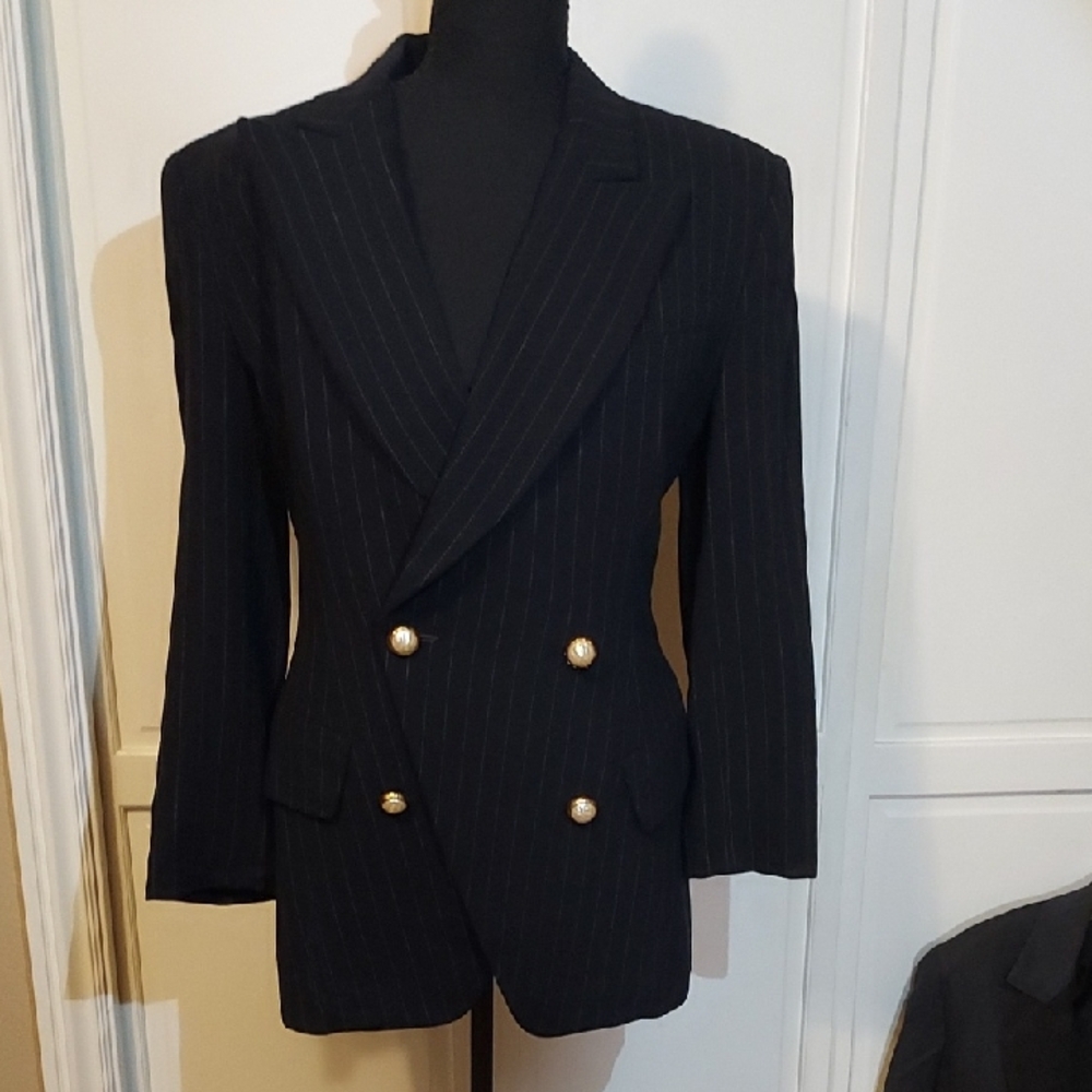 Donna Karan New York Designer Suit Jacket Size 4 Navy White Pinstripe Vintage